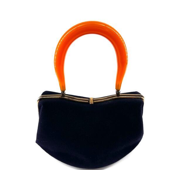 Vintage Morris Moskowitz Black Wool Purse Brownish orange lucite handle - Picture 3 of 10